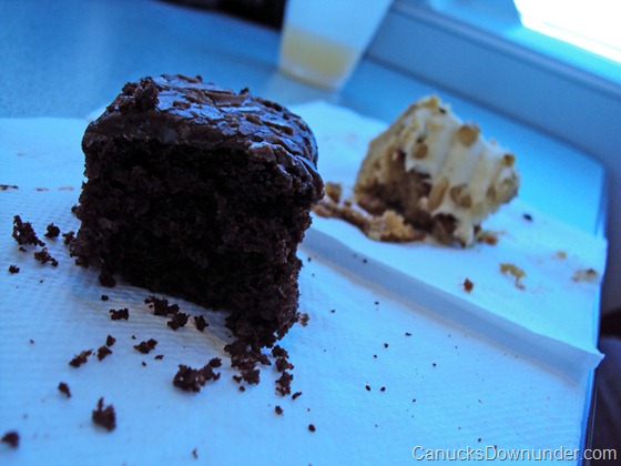 Half eaten slices of chocolate and carrot cake